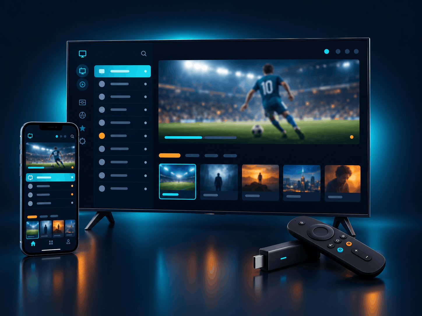 Premium IPTV subscription playing live TV and movies on a Smart TV, Fire TV Stick and phone